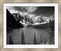 Framed Wenkchemna Peaks reflected in Moraine lake, Banff National Park, Alberta, Canada