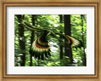 Framed Archaeopteryx flying through a forest