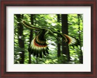 Framed Archaeopteryx flying through a forest