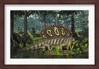 Framed Edaphosaurus forages in a brackish mangrove like swamp