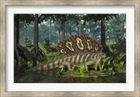 Framed Edaphosaurus forages in a brackish mangrove like swamp