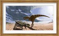 Framed Tarbosaurus dinosaur and an armored Saichania ankylosaurid
