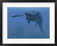 Framed prehistoric Dunkleosteus fish prepares to eat a primitive shark