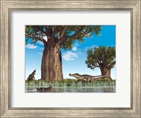 Framed Kaprosuchus crocodyliforms near a baobab tree in a prehistoric landscape