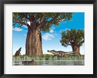 Framed Kaprosuchus crocodyliforms near a baobab tree in a prehistoric landscape