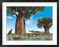 Framed Kaprosuchus crocodyliforms near a baobab tree in a prehistoric landscape