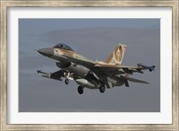Framed F-16C Barak of the Israeli Air Force prepares for landing