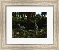 Framed Caudipteryx wander a prehistoric landscape