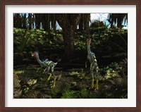 Framed Caudipteryx wander a prehistoric landscape