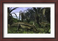 Framed Desmatosuchus search for edible roots in a prehistoric landscape