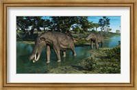 Framed pair of Platybelodon grazing in a shallow stream