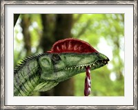 Framed Dilophosaurus wetherilli with a piece of flesh hanging out of its mouth