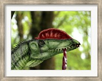 Framed Dilophosaurus wetherilli with a piece of flesh hanging out of its mouth