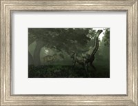 Framed Antarctosaurus stalked by Abelisaurus in a prehistoric landscape