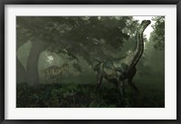 Framed Antarctosaurus stalked by Abelisaurus in a prehistoric landscape