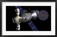 Framed Artist's concept of a Deep Space Vehicle with Extended Stay Module and Manned Maneuvering Vehicles