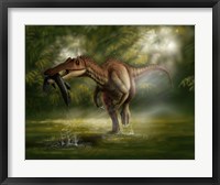 Framed Baryonyx dinosaur catches a fish out of water