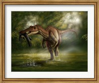Framed Baryonyx dinosaur catches a fish out of water