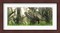 Framed archosaur wanders amidst cycads and ferns in a prehistoric swamp