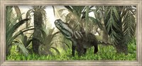 Framed archosaur wanders amidst cycads and ferns in a prehistoric swamp