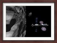 Framed Manned Maneuvering Vehicle descends toward the surface of a small asteroid