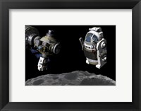 Framed Manned Maneuvering Vehicle prepares to descend to the surface of a small asteroid