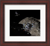 Framed manned Asteroid Lander descends toward the surface of an ancient asteroid