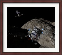 Framed manned Asteroid Lander descends toward the surface of an ancient asteroid