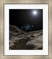 Framed manned Asteroid Lander approaches the desolate surface of an asteroid