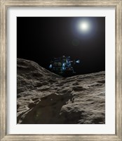 Framed manned Asteroid Lander approaches the desolate surface of an asteroid