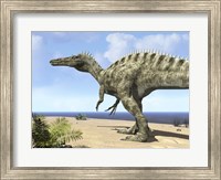 Framed carnivorous Suchomimus wanders a beach on the ancient Tethys Ocean