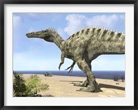 Framed carnivorous Suchomimus wanders a beach on the ancient Tethys Ocean