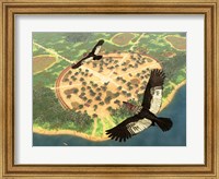Framed pair of Andean Condors fly over an Amazonian village