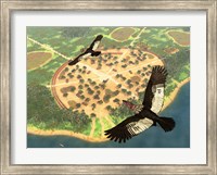 Framed pair of Andean Condors fly over an Amazonian village