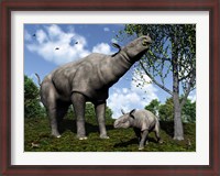 Framed Paraceratherium mother grazes on leaves and twigs of a poplar tree