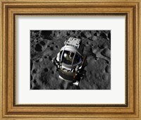 Framed astronaut piloting a Manned Maneuvering Vehicle above the surface of an asteroid