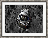 Framed astronaut piloting a Manned Maneuvering Vehicle above the surface of an asteroid