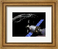 Framed Manned Maneuvering Vehicle undocks and prepares to descend to the surface of a small asteroid