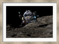Framed manned Asteroid Lander prepares to land on the surface of an asteroid