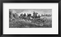 Framed Vintage Civil War print of a team of horses pulling a cannon into battle