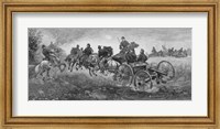 Framed Vintage Civil War print of a team of horses pulling a cannon into battle