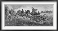 Framed Vintage Civil War print of a team of horses pulling a cannon into battle