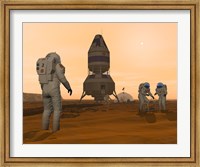 Framed Illustration of Astronauts Setting up a Base on the Martian Surface around their Lander Vehicle