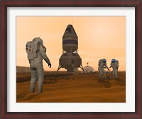 Framed Illustration of Astronauts Setting up a Base on the Martian Surface around their Lander Vehicle