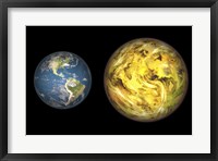 Framed Illustration Comparing the Size of Extrasolar Planet Gliese 581 C with that of the Earth