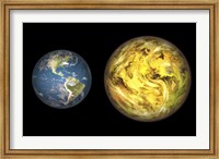 Framed Illustration Comparing the Size of Extrasolar Planet Gliese 581 C with that of the Earth