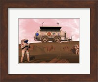Framed Illustration of Astronauts Examining an Outcrop of Sedimentary Rock on a Martian Dune Field