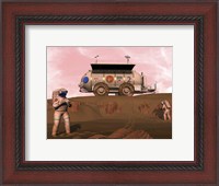 Framed Illustration of Astronauts Examining an Outcrop of Sedimentary Rock on a Martian Dune Field
