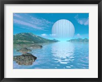 Framed Illustration of a Hypothetical Idyllic Landscape on a Distant Alien Planet