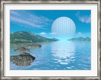 Framed Illustration of a Hypothetical Idyllic Landscape on a Distant Alien Planet
